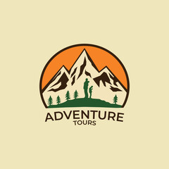 Mountain adventure logo with people and trees travel
