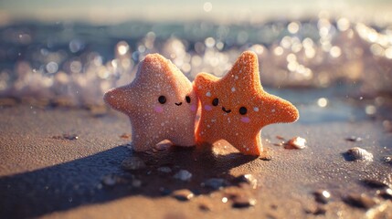 Two starfishes on the soft white sand beach in clear sea water. Summer background