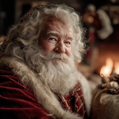 暖かい暖炉の光のそばでカメラを見つめる長い白髭のサンタクロースのクローズアップポートレート | Close-up portrait of Santa Claus with a long white beard looking directly at the camera by the warm light of a fireplace