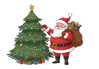 Cheerful santa claus standing next to a decorated christmas tree holding a sack of presents isolated on transparent background