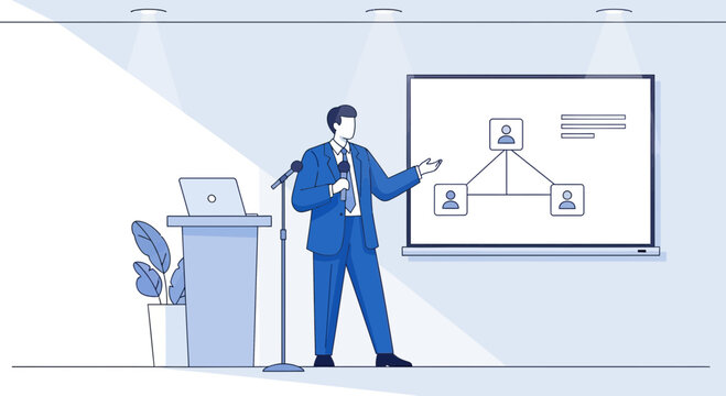 Professional speaker presenting organizational chart during a conference or training session