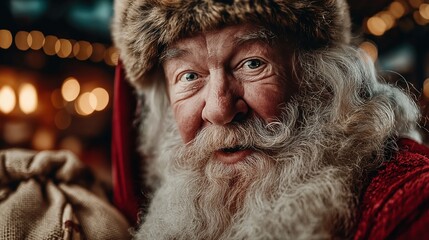 白いひげと毛皮の帽子をかぶったサンタクロースの男性が、暖かなボケの光の下で微笑んでいるクローズアップポートレート | Close-up portrait of Santa Claus with white beard and fur hat smiling under warm bokeh lights