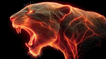 暗闇の中で咆哮する炎のエネルギーに満ちたデジタルメッシュのライオンの横顔 | Profile of a digital mesh lion roaring with fiery energy against a dark background