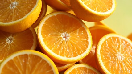 Fresh halved oranges showing juicy texture and vibrant citrus background