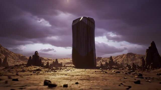 A tall dark monolith stands in a desolate landscape under stormy skies
