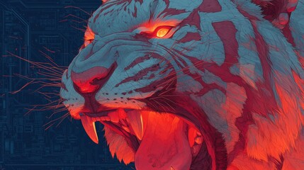 デジタル回路の背景で咆哮する青いトラの顔のクローズアップ | Close-up of a roaring blue tiger face against a digital circuit background