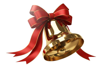 A shiny golden christmas bell adorned with a festive red ribbon bow isolated on transparent background