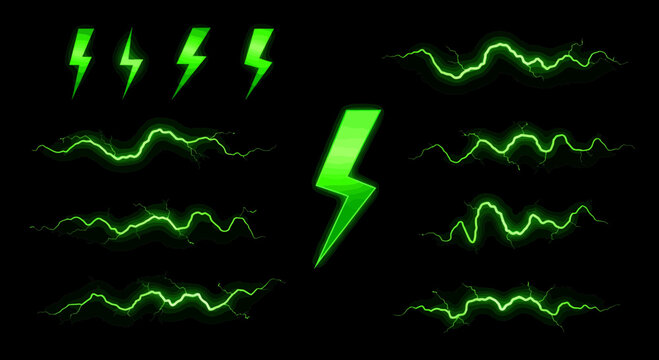 Green lightning bolts and electrical discharge effects on black background