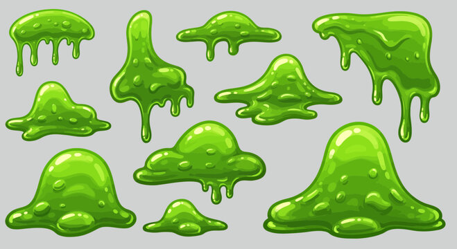 Collection of various cartoon green slime drips and gooey blobs elements