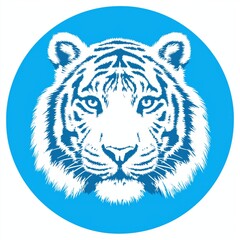 明るい青い円の中に配置された、白と青の模様のトラの顔のクローズアップ | Close-up of a white and blue patterned tiger face centered within a bright blue circle.