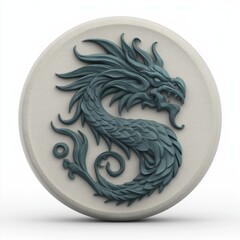 円形の砂岩の台座に彫られた伝統的な東洋の龍のレリーフ、白背景に隔離 | Traditional Oriental Dragon Relief Carving on a Round Textured Stone Slab, Isolated on White Background