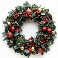 赤と金のオーナメント、松ぼっくり、ヒイラギで飾られた豪華なクリスマスリースが白い背景に置かれている | Luxurious Christmas wreath decorated with red and gold ornaments, pine cones, and holly, placed on a white background