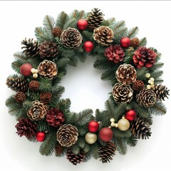 白い背景に、モミの枝と松ぼっくり、赤いオーナメントで飾られたクリスマスのリース。 | Christmas wreath decorated with fir branches, pine cones, and red ornaments on a white background.