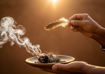 Person performing a smudging ritual with a burning sage stick and feather. Spiritual cleansing ceremony with white smoke for purification and healing. Mindfulness and wellness concept