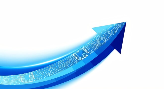 Dynamic blue arrow with circuit board pattern soaring upward representing innovation and growth
