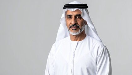 Studio Portrait of Middle Eastern Man Wearing White Kandura.