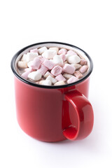 Hot chocolate drink with marshmallows in red mug isolated on white background