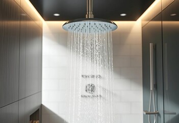 Modern rainfall showerhead in a minimalist bathroom,  spray,  bathroom