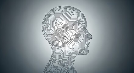 Futuristic digital mind concept with intricate circuit board patterns forming a human head silhouette
