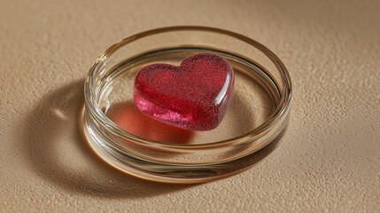 Red gummy heart in a petri dish