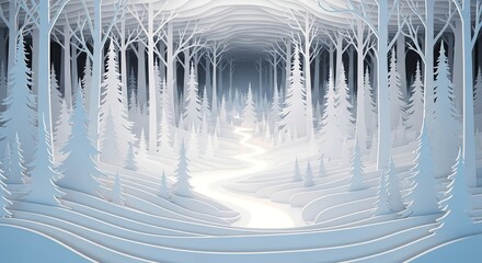 Dreamy white forest path illuminated by soft light, a magical winter wonderland scene
