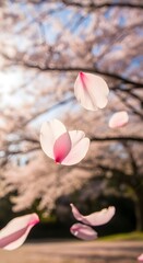 Falling cherry blossom petals in spring season with blurred background