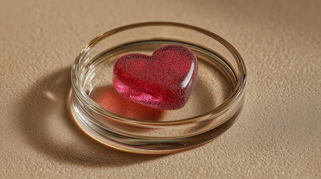 Petri dish with a beautiful red heart, warm soft background