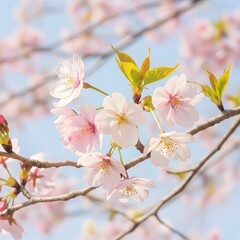 Close up of delicate pink cherry blossoms on a branch against a blue sky