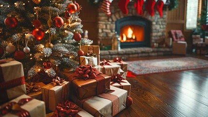 Christmas gift boxes with red ribbon under the Christmas tree in living room with Decorations and a Fireplace with fire. Cozy festive atmosphere. Xmas Greeting card. Winter holidays - Powered by Adobe