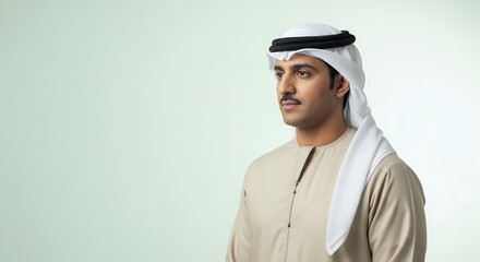 Studio Portrait of Emirati Man Wearing Traditional Kandura and Ghutra.