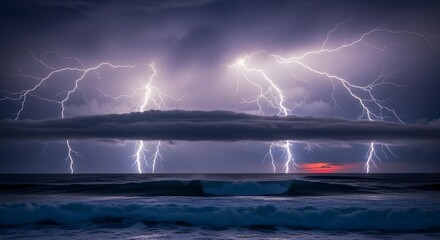 Dramatic lightning storm over ocean at night with powerful energy display