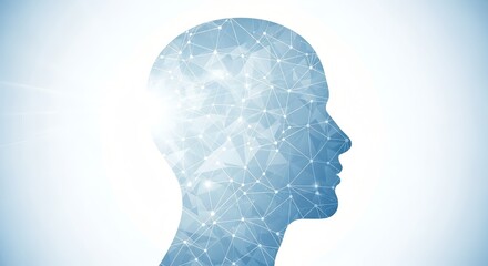 Abstract human head profile with digital network overlay symbolizes intelligence and connectivity