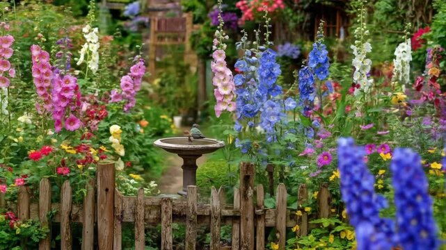 Vibrant garden with a variety of colorful flowers and a small bird bath outside