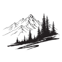 black and white mountains and pine trees