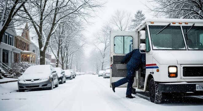 Male mail carrier entering truck in snowy residential street winter scene - Powered by Adobe