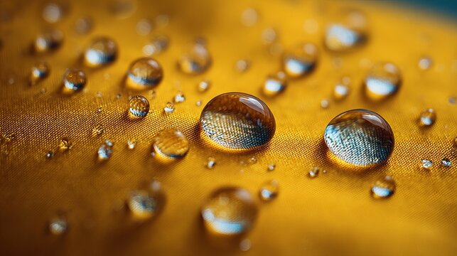 Stunning macro view showcases perfect water droplets beading on a vibrant yellow waterproof fabric texture