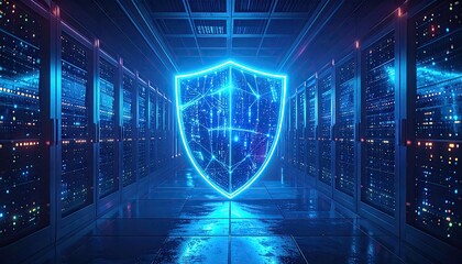 Futuristic digital shield glowing in a modern data center server room.