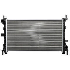 Automotive radiator isolated on white background, showing aluminum cooling fins and black plastic frame. Car engine part for vehicle maintenance, repair, engineering, and industrial technology concept