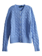 Female beige knitted sweater on white marble background, top view flat lay. Fashion Lady Clothes Set: Trendy and Cozy Knit Jumper with Autumn Accessories. Female fashion