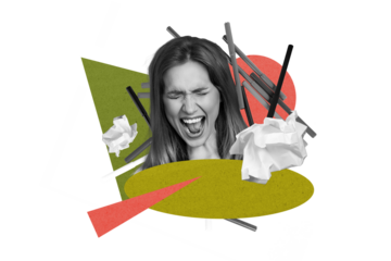 Composite photo collage of upset angry girl frown crumpled paper work problem exhaustion apathy depression isolated on painted background