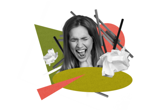 Composite photo collage of upset angry girl frown crumpled paper work problem exhaustion apathy depression isolated on painted background