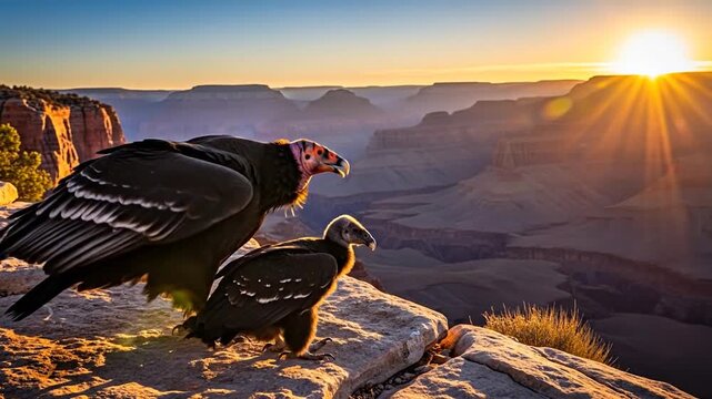 California condor mother and chick share rugged canyon ledge at sunrise
