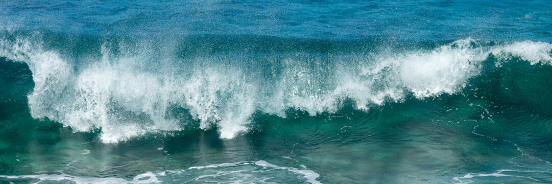Front view of a crashing wave. Blue clear transparent water splash header, ocean panoramic background - Powered by Adobe