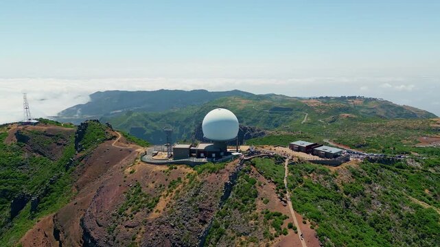 Meteorological station geodesic radar dome located on Pico do Arieiro drone view