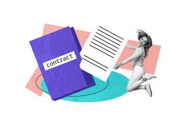 Contemporary poster trend art collage of excited business girl jump contract hr approval employment...