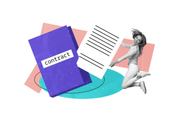 Contemporary poster trend art collage of excited business girl jump contract hr approval employment concept vacancy recruitment