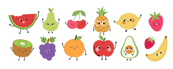 Obraz premium Happy smiling fruits vector collection set — friendly smiling characters for children’s books, stickers, classroom, and nursery designs.