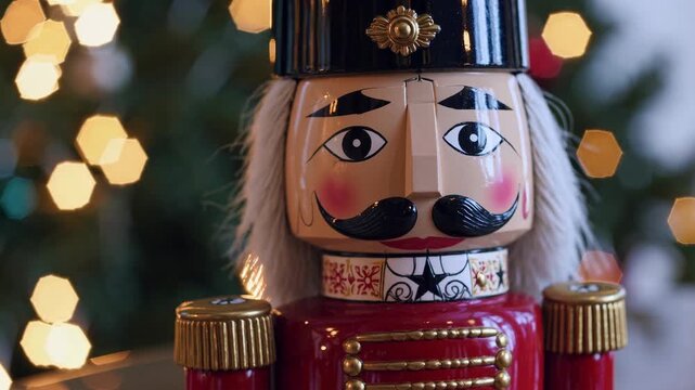 Focus on a beautifully crafted nutcracker placed next to a glowing Christmas tree. The video captures intricate designs and colors that bring holiday joy and warmth into any home