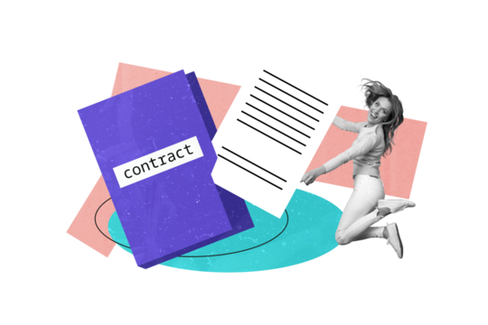 Contemporary poster trend art collage of excited business girl jump contract hr approval employment concept vacancy recruitment - Powered by Adobe