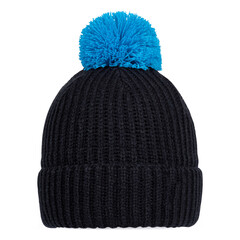 Black Knit Pom Beanie with Bright Blue Pom – Classic ribbed winter hat made from soft, warm fabric, featuring bold contrast color and cozy texture for cold-weather fashion and outdoor wear